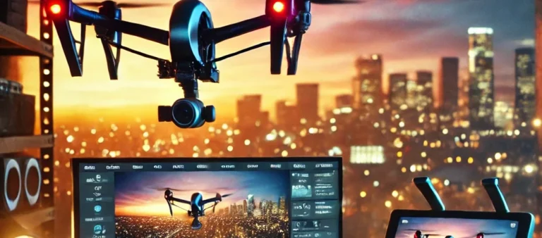 Dall·e 2025 04 08 10.07.45 a drone capturing cinematic video footage over a scenic city landscape at sunset. the image includes the drone mid flight with a camera pointed forwar